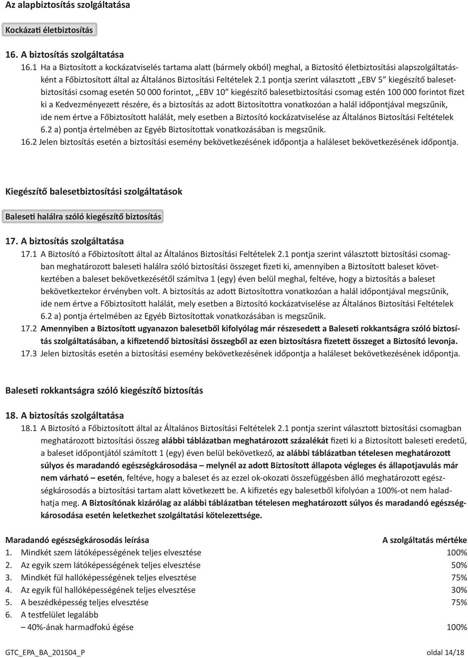 1 pontja szerint választott EBV 5 kiegészítő balesetbiztosítási csomag esetén 50 000 forintot, EBV 10 kiegészítő balesetbiztosítási csomag estén 100 000 forintot fizet ki a Kedvezményezett részére,