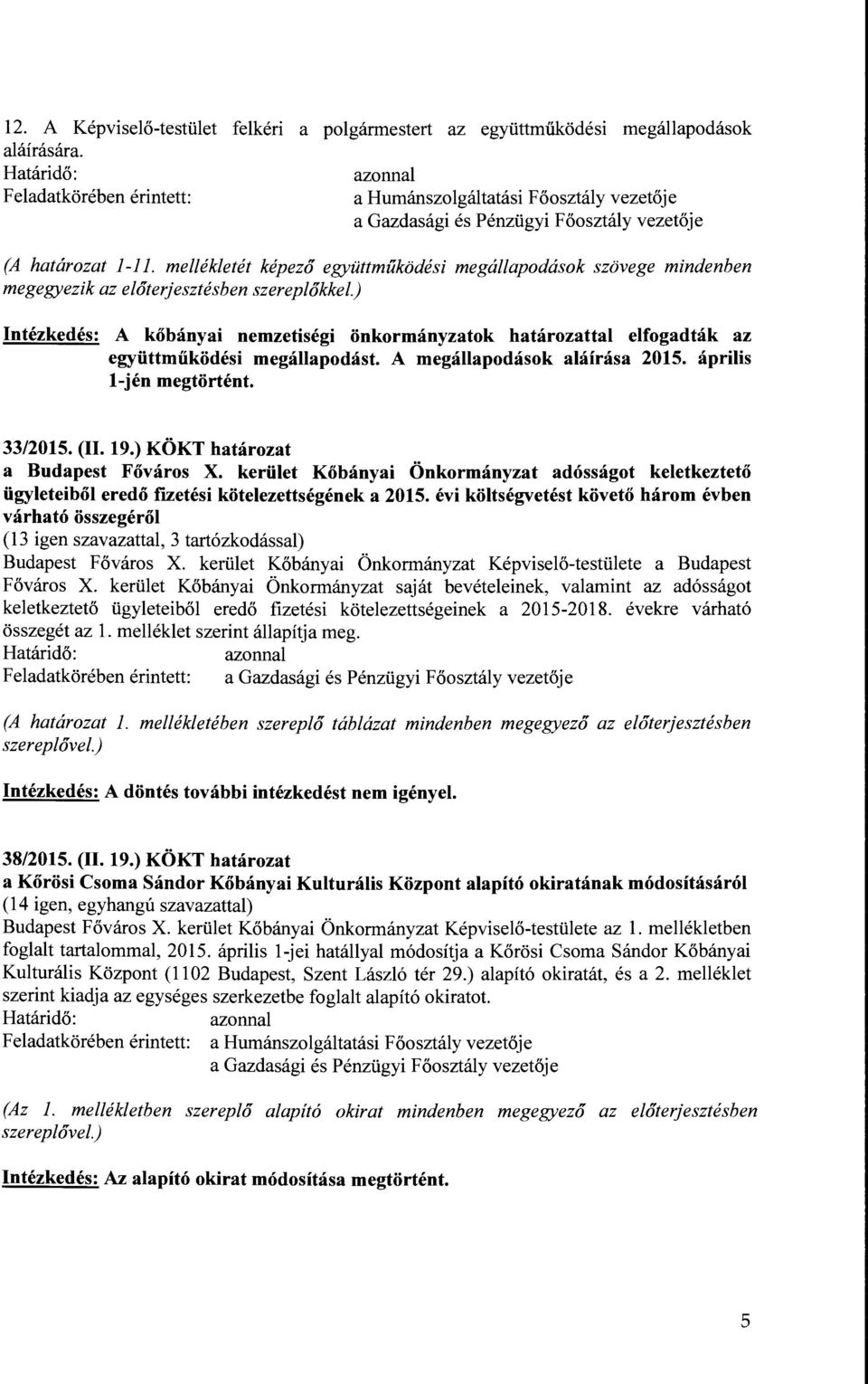 ) Intézkedés: A kőbányai nemzetiségi önkormányzatok határozattal elfogadták az együttműködési megállapodást. A megállapodások aláírása 2015. április l-jén megtörtént. 33/2015. (II. 19.