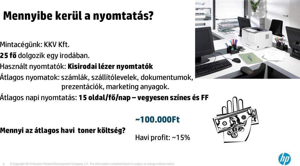 marketing anyagok. Átlagos napi nyomtatás: 15 oldal/fő/nap vegyesen színes és FF Mennyi az átlagos havi toner költség?