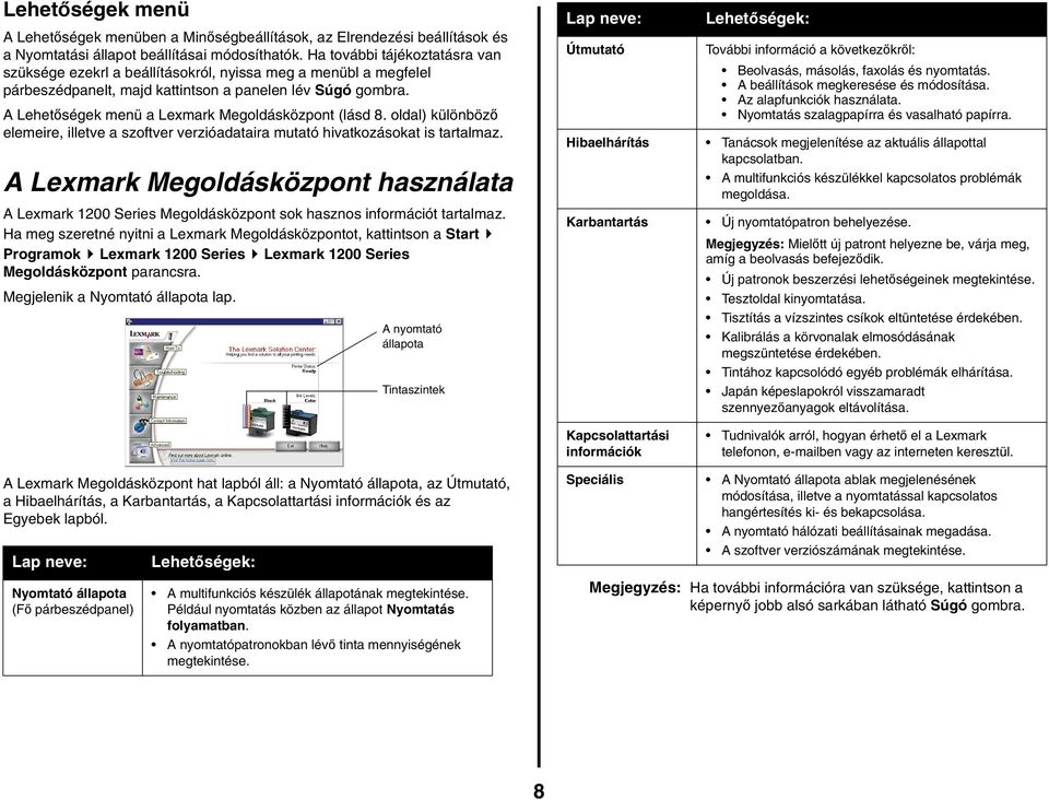 A Lehetőségek menü a Lexmark Megoldásközpont (lásd 8. oldal) különböző elemeire, illetve a szoftver verzióadataira mutató hivatkozásokat is tartalmaz.