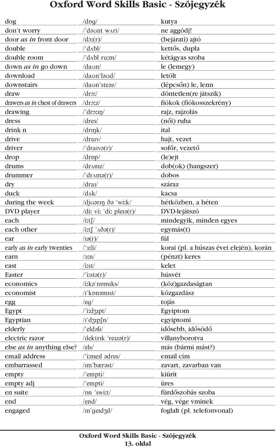 email address embarrassed empty empty adj en suite end engaged /dqg/ /"d@unt wvri/ /do;(r)/ /"dvbl/ /"dvbl ru;m/ /daun/ /daun"l@ud/ /daun"ste@z/ /dro;/ /dro;z/ /"dro;in/ /dres/ /drink/ /draiv/