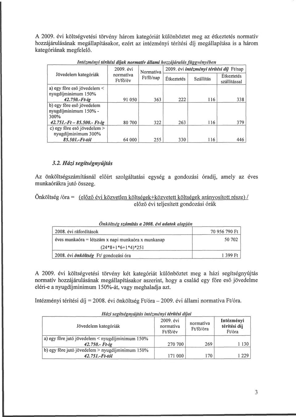 Intézményi térítési díjak normatív állami hozzájárulás függvényében Jövedelem kategóriák 2009. évi 2009.