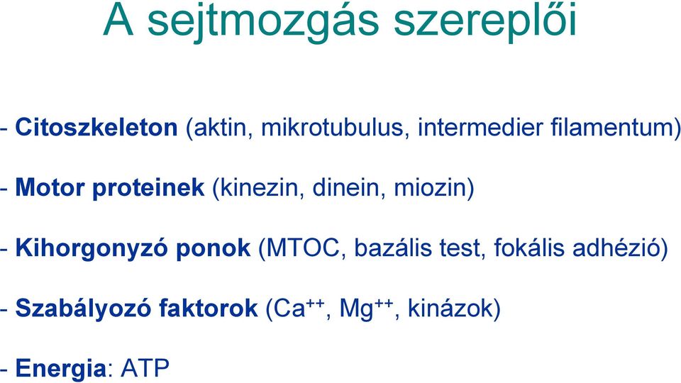 miozin) - Kihorgonyzó ponok (MTOC, bazális test, fokális