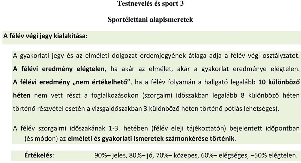 A félévi eredmény nem értékelhető, ha a félév folyamán a hallgató legalább 10 különböző héten nem vett részt a foglalkozásokon (szorgalmi időszakban legalább 8 különböző héten történő