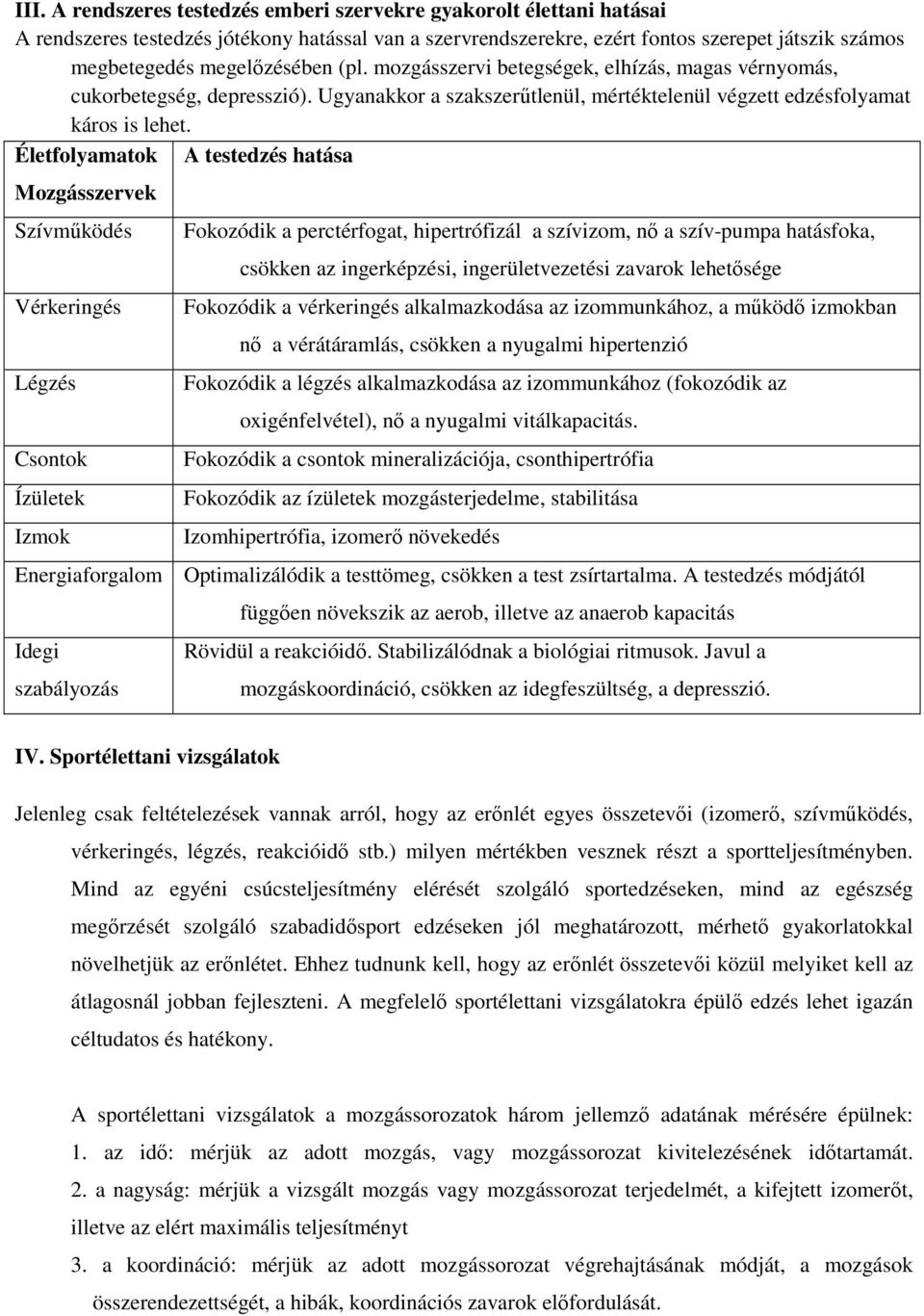 Életfolyamatok A testedzés hatása Mozgásszervek Szívműködés Vérkeringés Légzés Csontok Ízületek Izmok Fokozódik a perctérfogat, hipertrófizál a szívizom, nő a szív-pumpa hatásfoka, csökken az