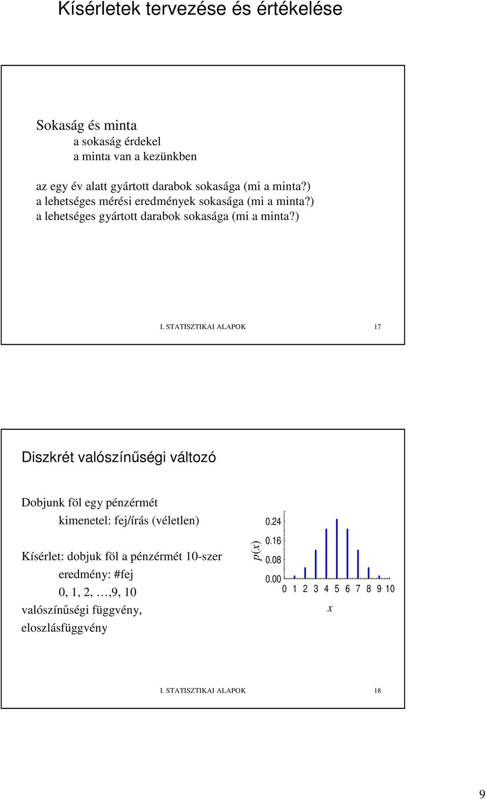 STATISZTIKAI ALAPOK 7 Diszkrét valószíőségi változó Dobjuk föl egy pézérmét kimeetel: fej/írás (véletle) Kísérlet: