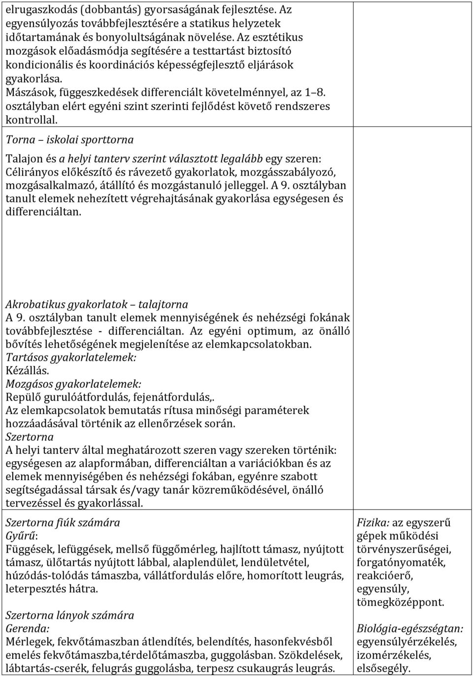 Mászások, függeszkedések differenciált követelménnyel, az 1 8. osztályban elért egyéni szint szerinti fejlődést követő rendszeres kontrollal.