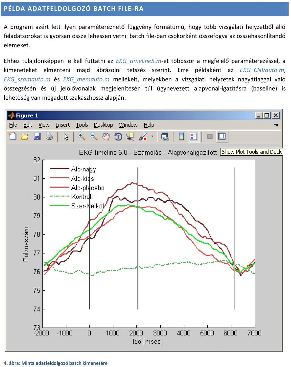 m-et többször a megfelelő paraméterezéssel, a kimeneteket elmenteni majd ábrázolni tetszés szerint. Erre példaként az EKG_CNVauto.m, EKG_szamauto.m és EKG_memauto.