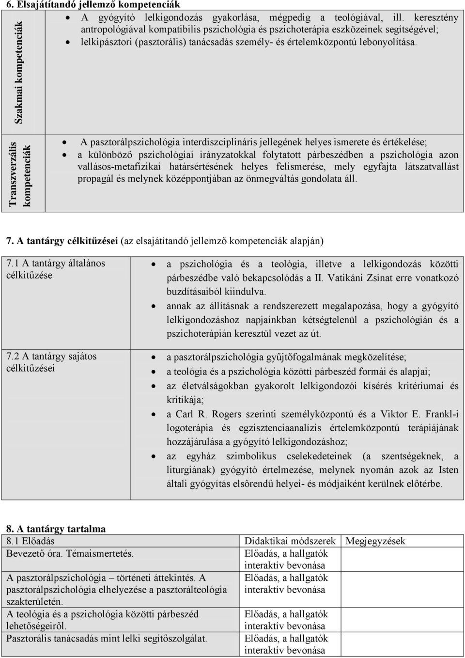 Szakmai kompetenciák Transzverzális kompetenciák A pasztorálpszichológia interdiszciplináris jellegének helyes ismerete és értékelése; a különböző pszichológiai irányzatokkal folytatott párbeszédben