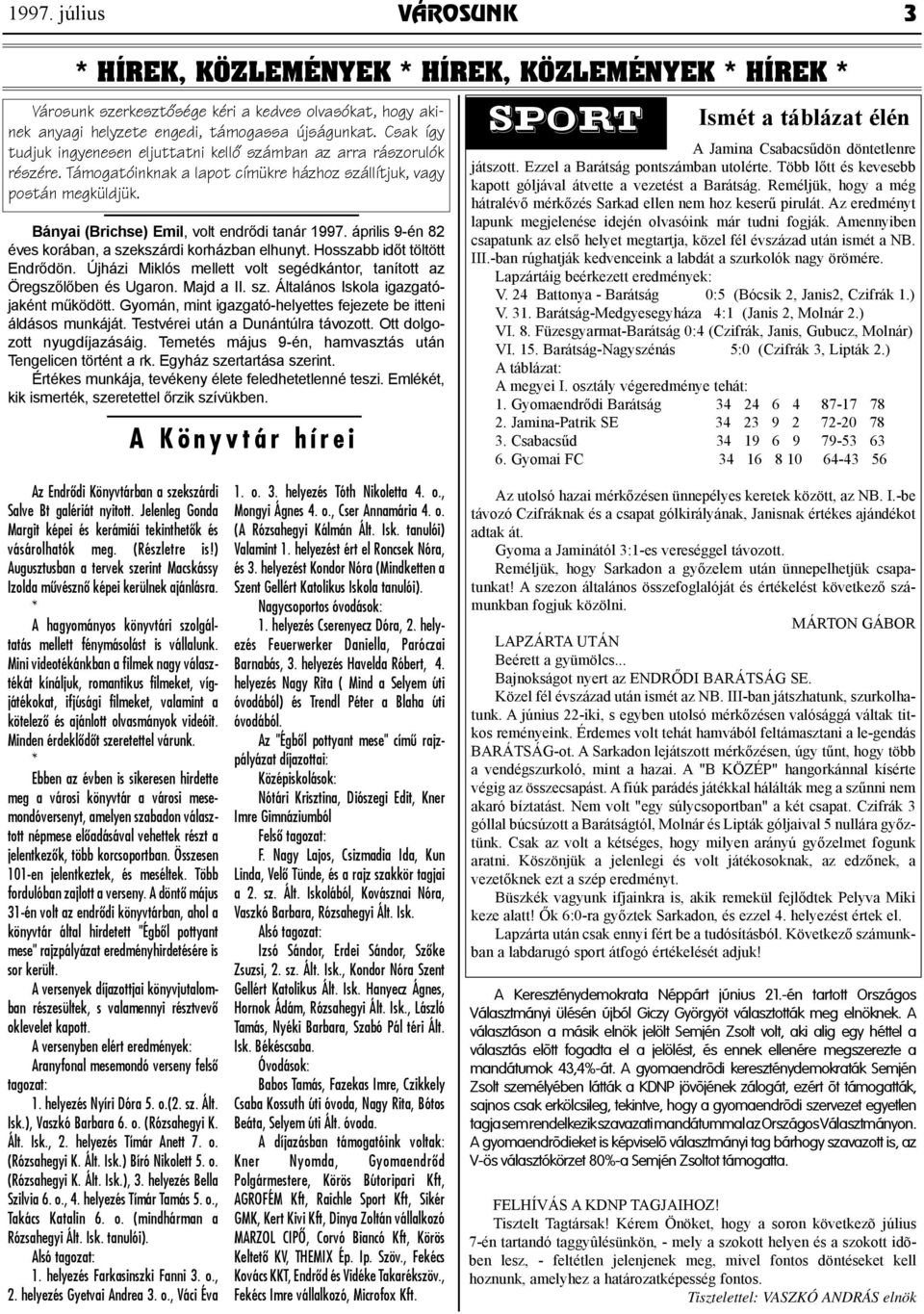 Bányai (Brichse) Emil, volt endrődi tanár 1997. április 9-én 82 éves korában, a szekszárdi korházban elhunyt. Hosszabb időt töltött Endrődön.