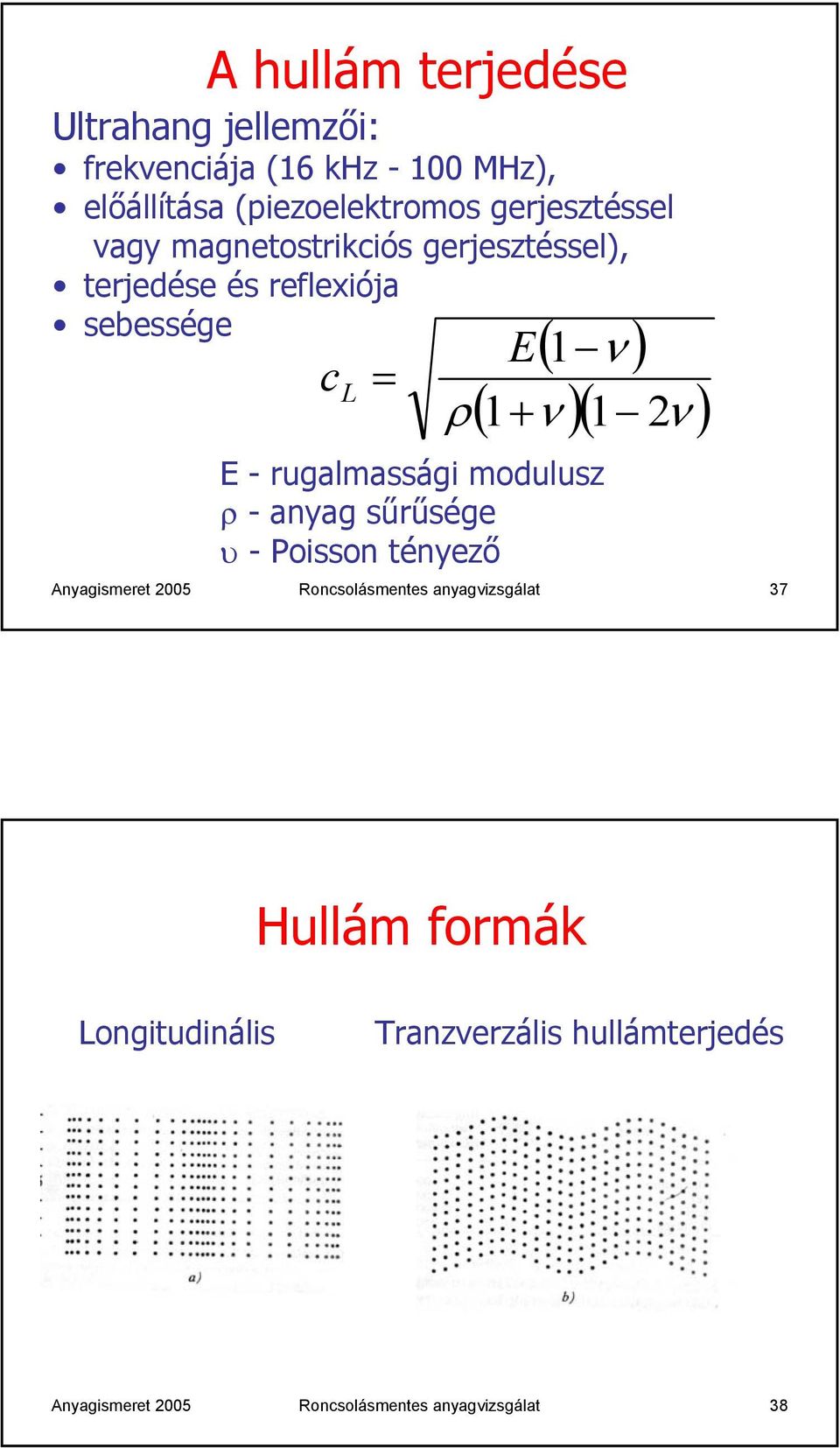 1 2ν ) E - rugalmassági modulusz ρ - anyag sűrűsége υ - Poisson tényező Anyagismeret 2005 Roncsolásmentes