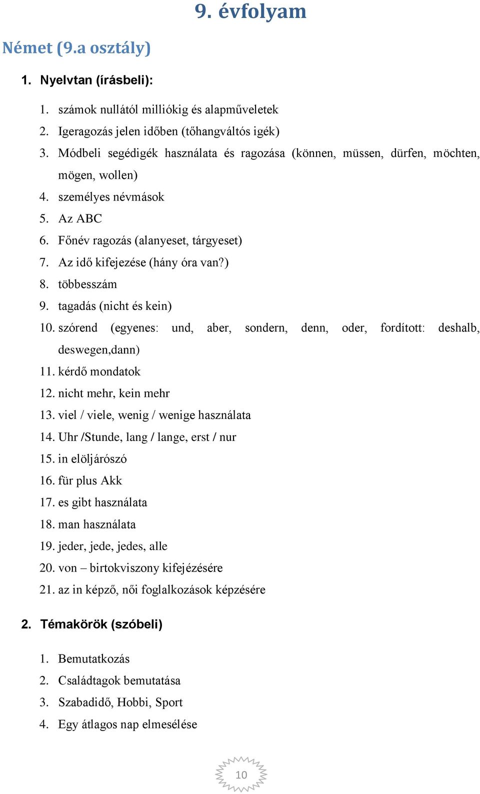 ) 8. többesszám 9. tagadás (nicht és kein) 10. szórend (egyenes: und, aber, sondern, denn, oder, fordított: deshalb, deswegen,dann) 11. kérdő mondatok 12. nicht mehr, kein mehr 13.