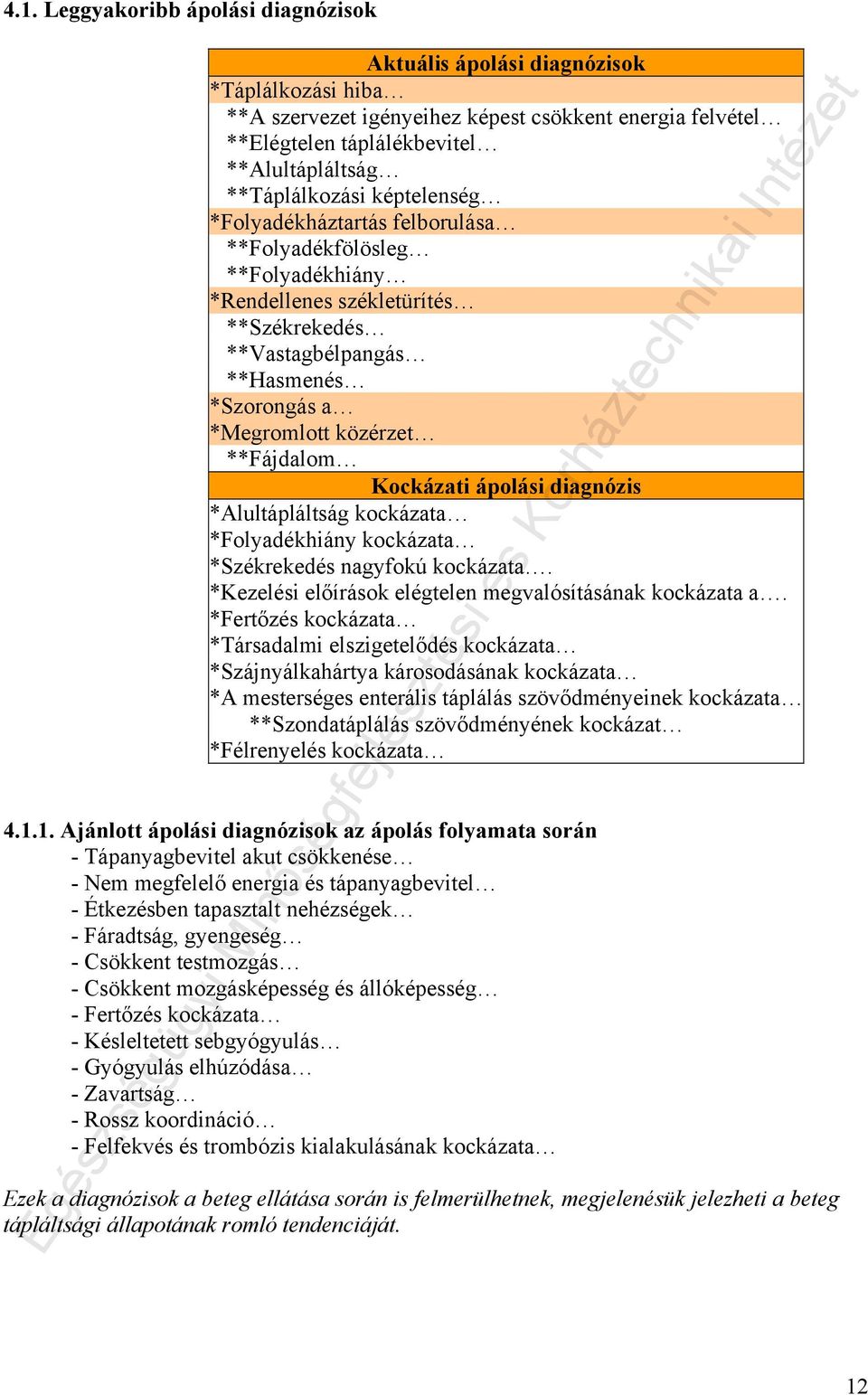 **Fájdalom Kockázati ápolási diagnózis *Alultápláltság kockázata *Folyadékhiány kockázata *Székrekedés nagyfokú kockázata. *Kezelési előírások elégtelen megvalósításának kockázata a.