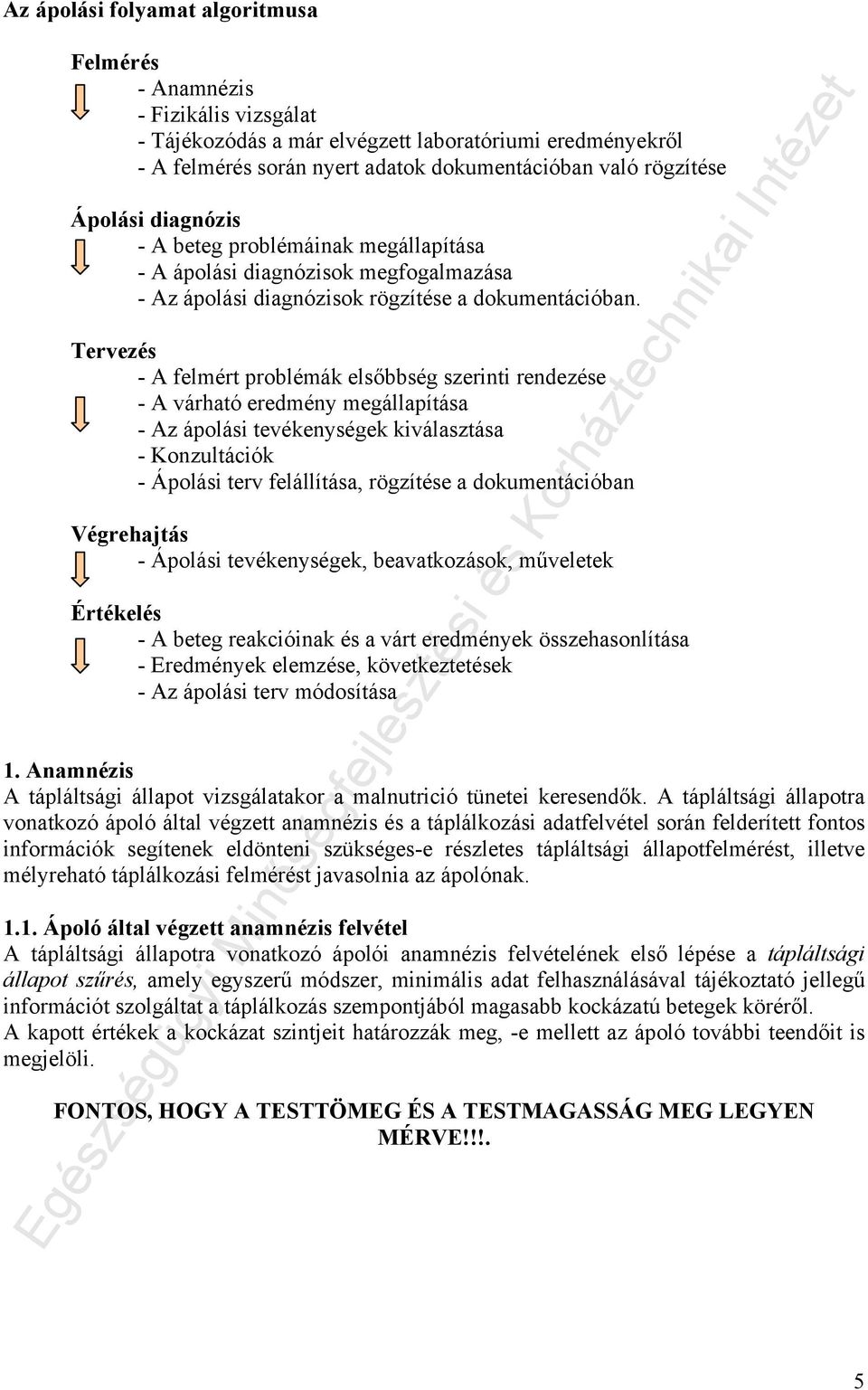 Tervezés - A felmért problémák elsőbbség szerinti rendezése - A várható eredmény megállapítása - Az ápolási tevékenységek kiválasztása - Konzultációk - Ápolási terv felállítása, rögzítése a