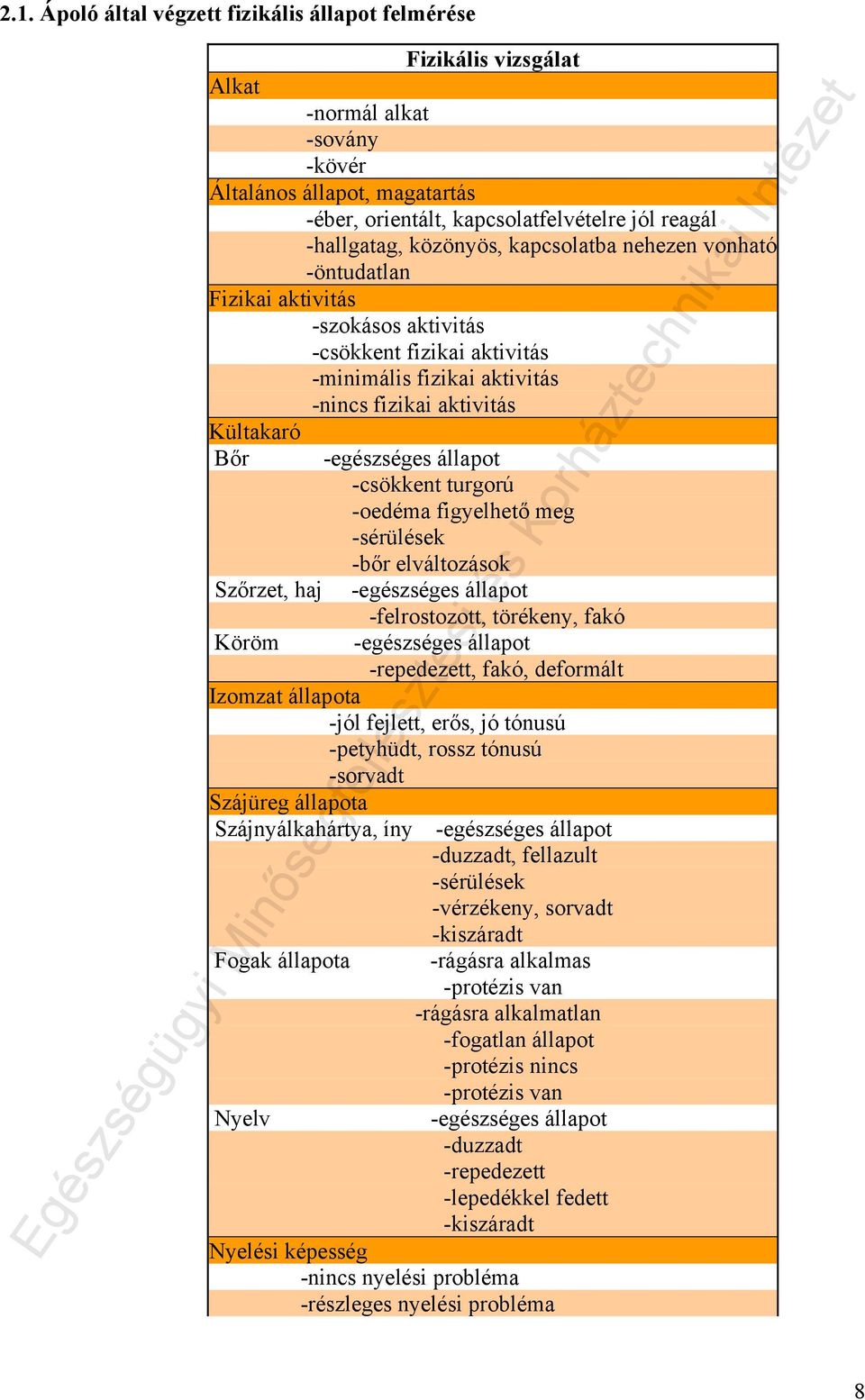 állapot -csökkent turgorú -oedéma figyelhető meg -sérülések -bőr elváltozások Szőrzet, haj -egészséges állapot -felrostozott, törékeny, fakó Köröm -egészséges állapot -repedezett, fakó, deformált