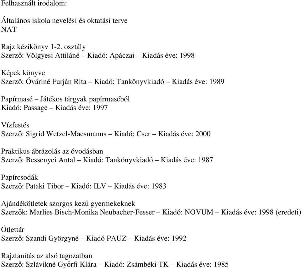 Kiadás éve: 1997 Vízfestés Szerzı: Sigrid Wetzel-Maesmanns Kiadó: Cser Kiadás éve: 2000 Praktikus ábrázolás az óvodásban Szerzı: Bessenyei Antal Kiadó: Tankönyvkiadó Kiadás éve: 1987 Papírcsodák