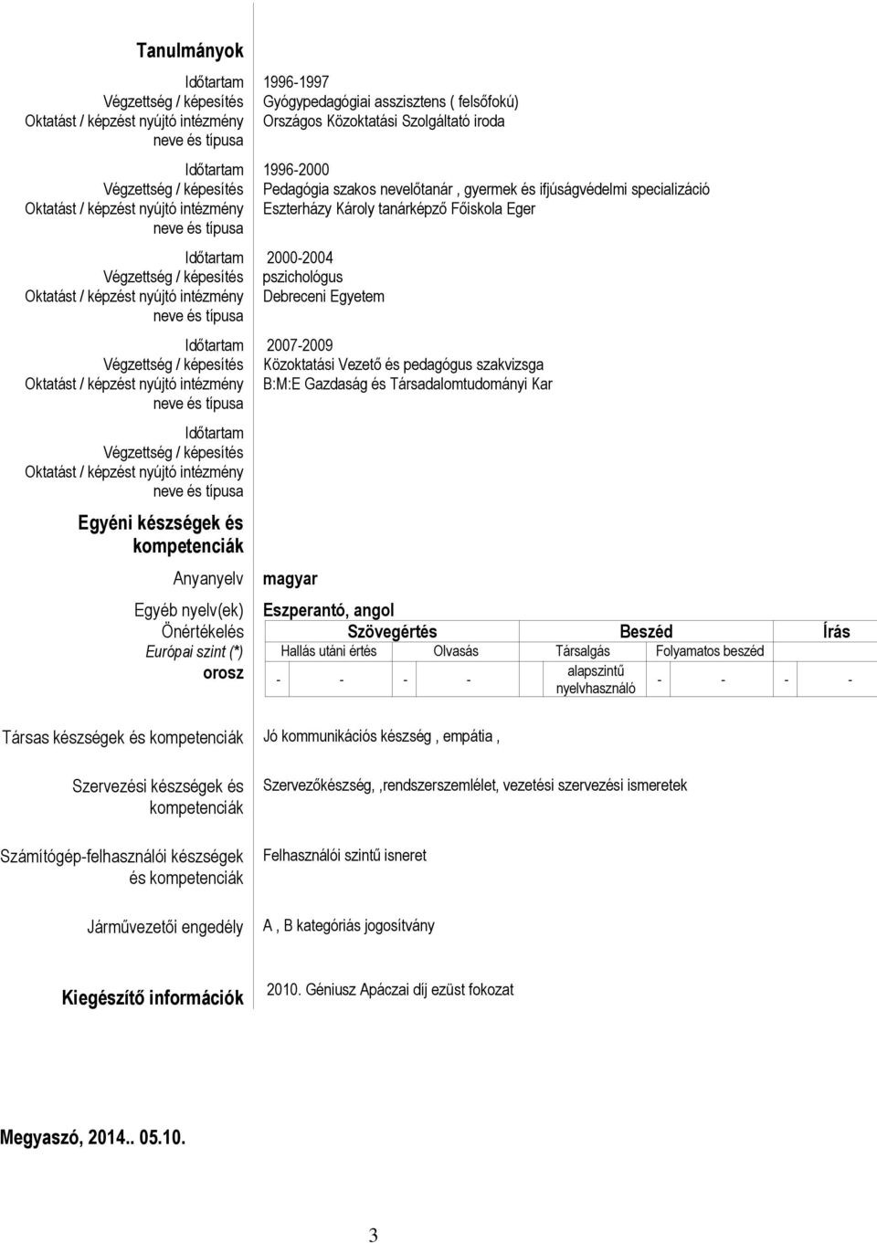 Időtartam 2000-2004 Végzettség / képesítés pszichológus Oktatást / képzést nyújtó intézmény Debreceni Egyetem neve és típusa Időtartam 2007-2009 Végzettség / képesítés Közoktatási Vezető és pedagógus