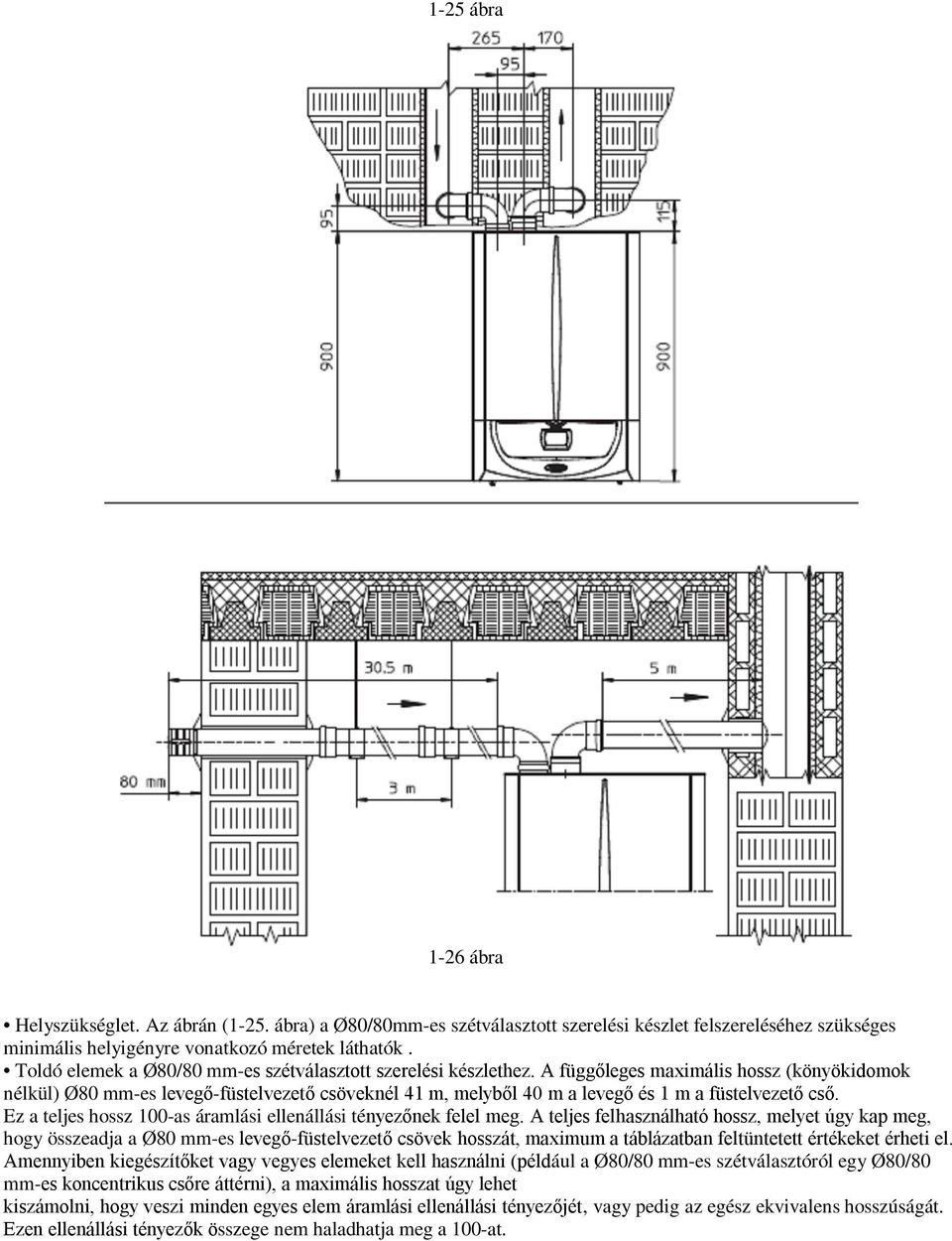 A függőleges maximális hossz (könyökidomok nélkül) Ø80 mm-es levegő-füstelvezető csöveknél 41 m, melyből 40 m a levegő és 1 m a füstelvezető cső.