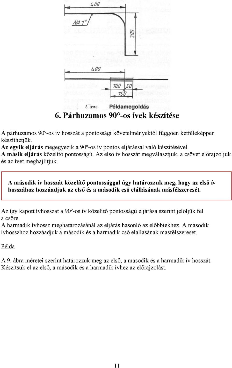 A második ív hosszát közelítő pontossággal úgy határozzuk meg, hogy az első ív hosszához hozzáadjuk az első és a második cső elállásának másfélszeresét.