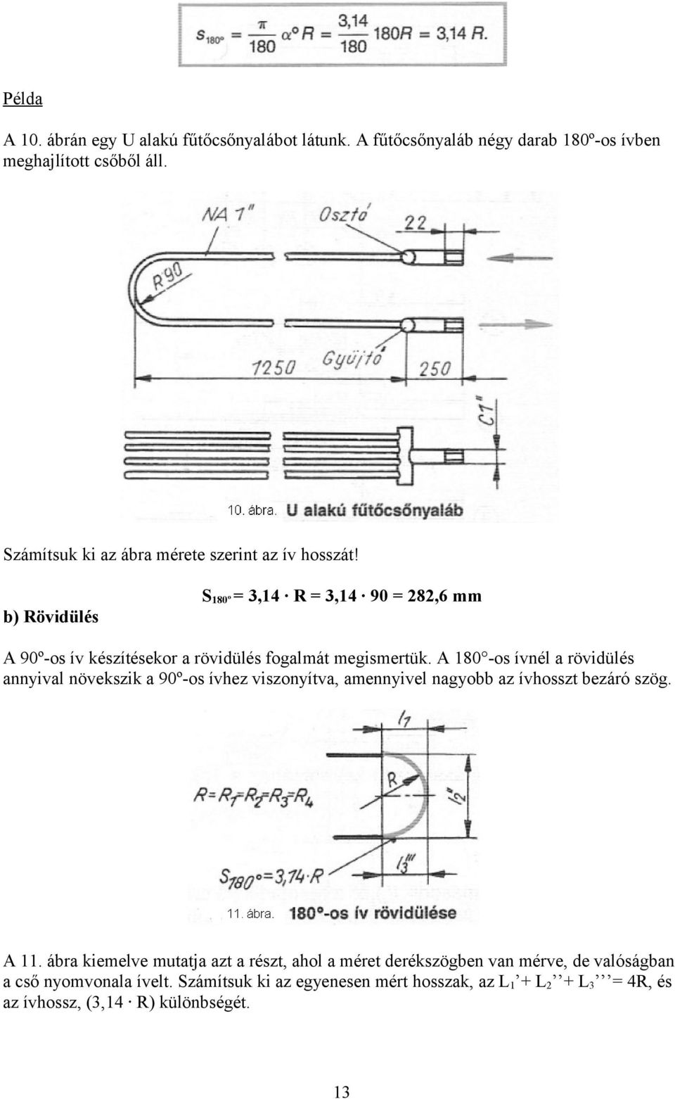 S180º = 3,14 R = 3,14 90 = 282,6 mm b) Rövidülés A 90º-os ív készítésekor a rövidülés fogalmát megismertük.