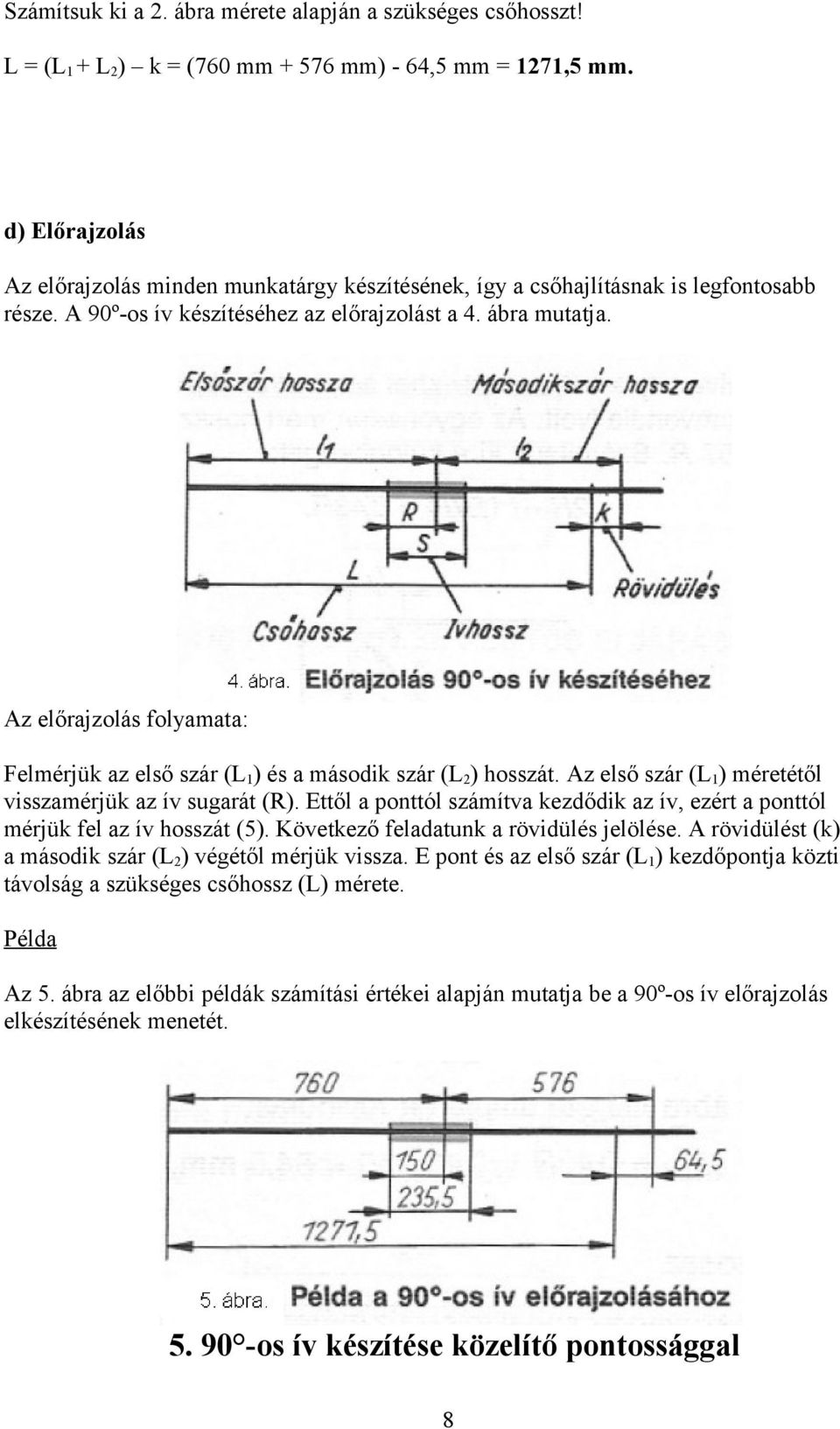 Az előrajzolás folyamata: Felmérjük az első szár (L1) és a második szár (L2) hosszát. Az első szár (L1) méretétől visszamérjük az ív sugarát (R).