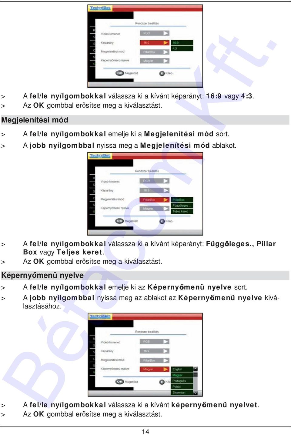 > A fel/le nyílgombokkal válassza ki a kívánt képarányt: Függőleges., Pillar Box vagy Teljes keret. > Az OK gombbal erősítse meg a kiválasztást.