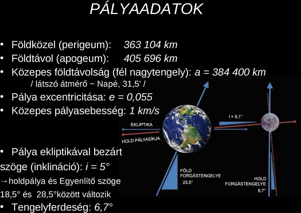 excentricitása: e = 0,055 Közepes pályasebesség: 1 km/s Pálya ekliptikával bezárt szöge