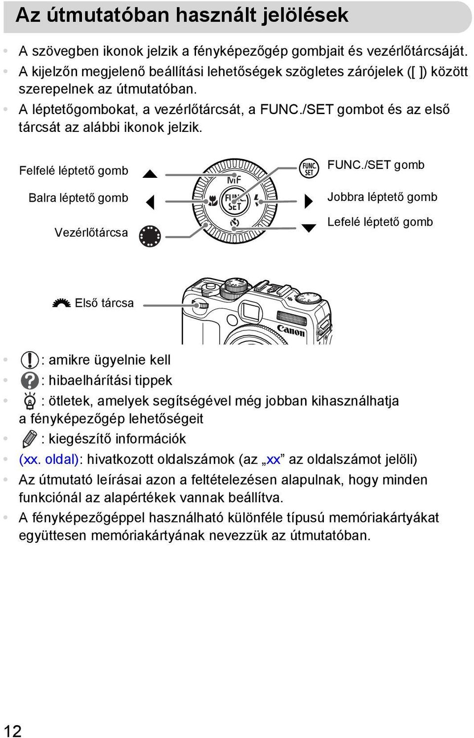 /SET gombot és az első tárcsát az alábbi ikonok jelzik. Felfelé léptető gomb Balra léptető gomb Vezérlőtárcsa FUNC.