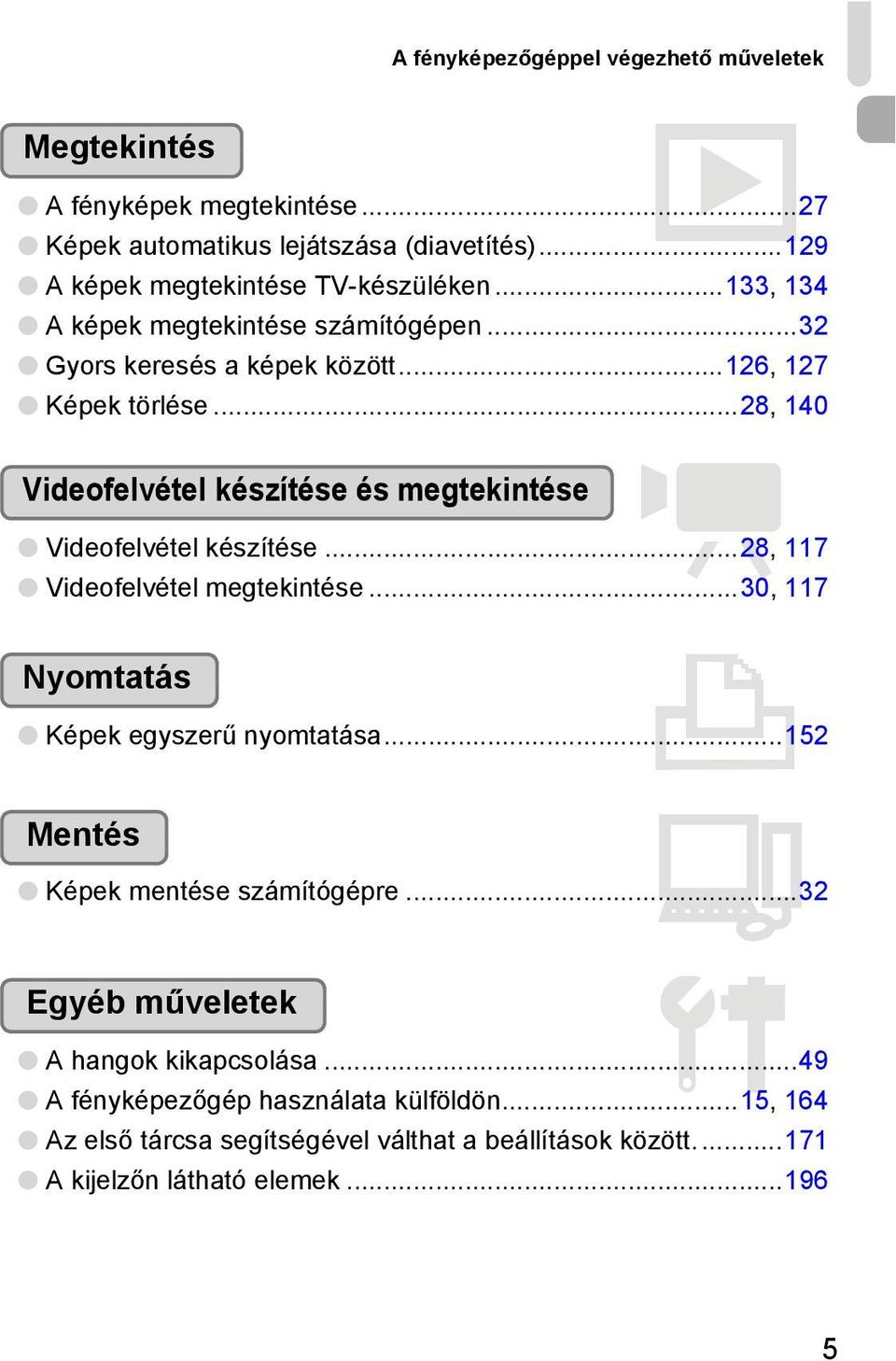 ..28, 140 Videofelvétel készítése és megtekintése E Videofelvétel készítése...28, 117 Videofelvétel megtekintése...30, 117 Nyomtatás 2 Képek egyszerű nyomtatása.