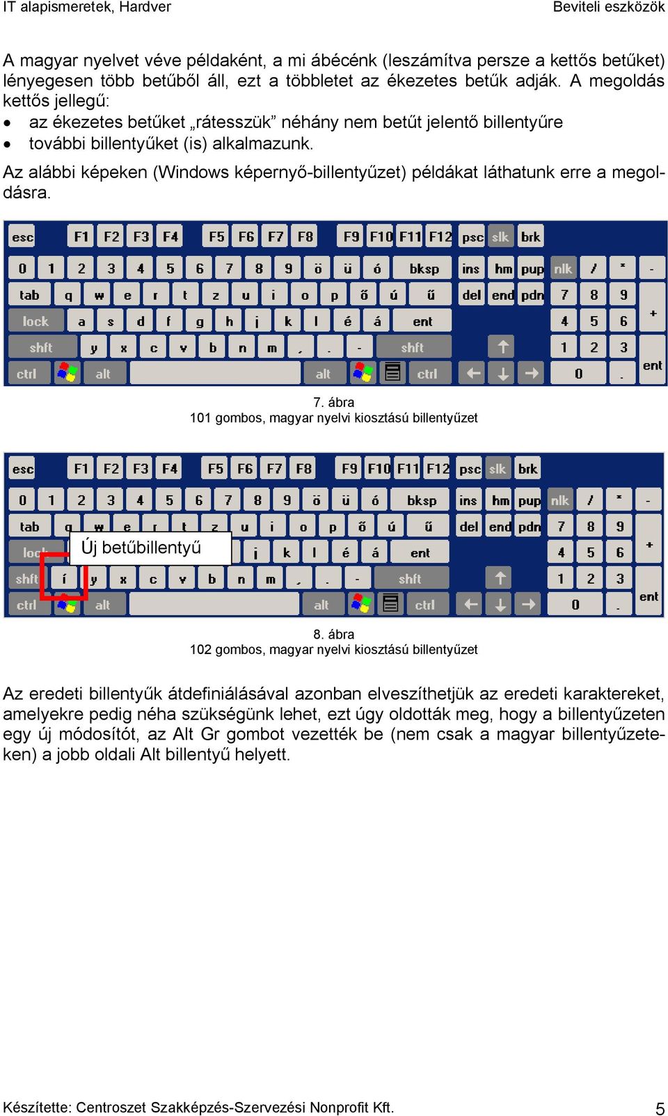 Az alábbi képeken (Windows képernyő-billentyűzet) példákat láthatunk erre a megoldásra. 7. ábra 101 gombos, magyar nyelvi kiosztású billentyűzet Új betűbillentyű 8.