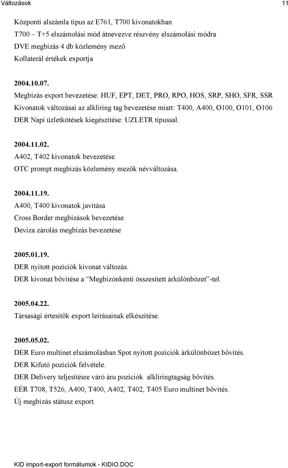 UZLETR típussal. 2004.11.02. A402, T402 kivonatok bevezetése. OTC prompt megbízás közlemény mezők névváltozása. 2004.11.19.