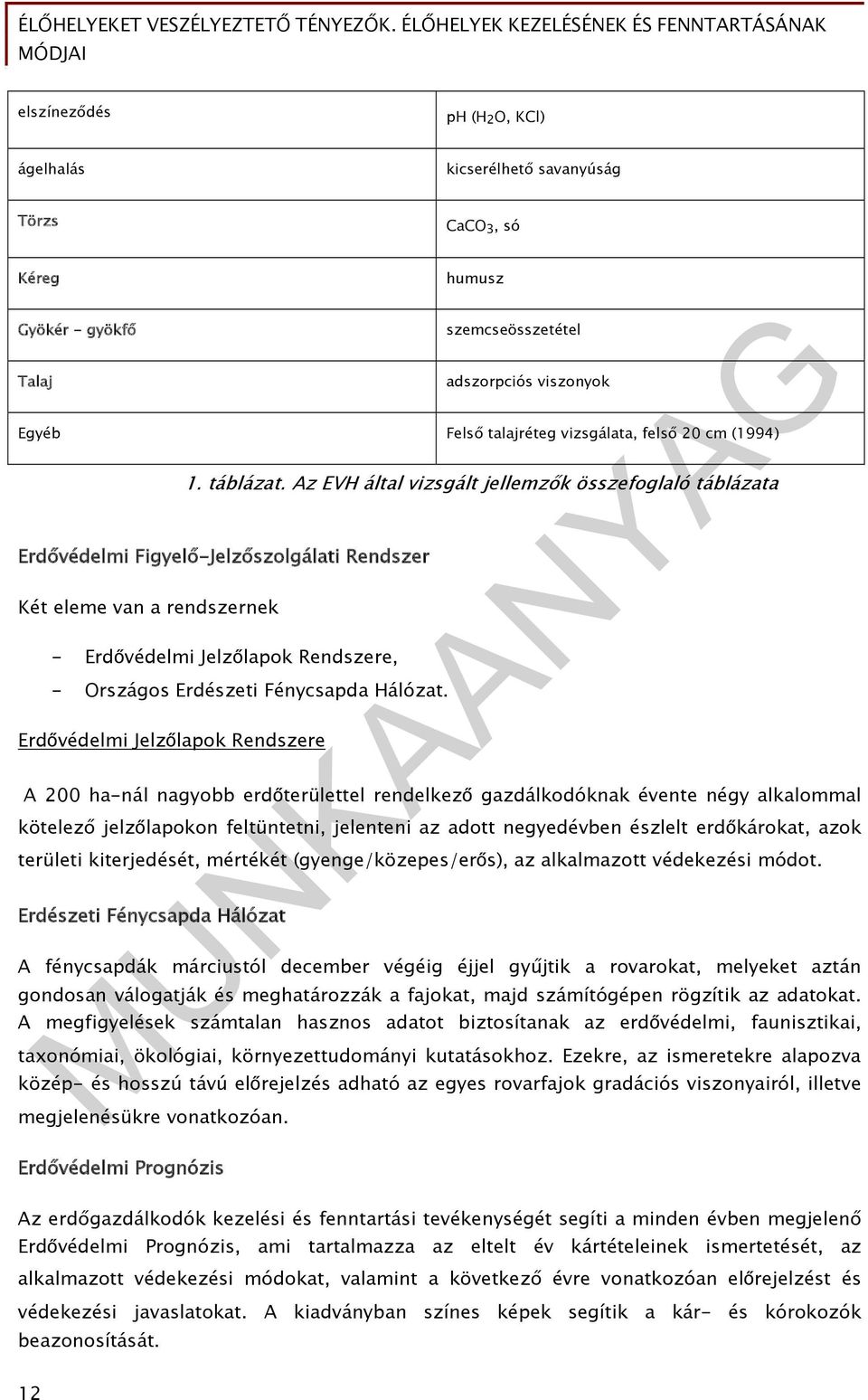 Az EVH által vizsgált jellemzők összefoglaló táblázata Erdővédelmi Figyelő-Jelzőszolgálati Rendszer Két eleme van a rendszernek - Erdővédelmi Jelzőlapok Rendszere, - Országos Erdészeti Fénycsapda