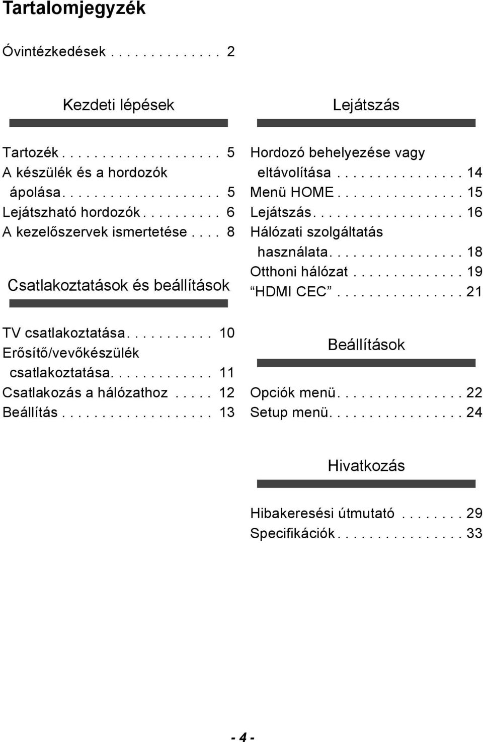 .................. 16 Hálózati szolgáltatás használata................. 18 Otthoni hálózat.............. 19 HDMI CEC................ 21 TV csatlakoztatása........... 10 Erősítő/vevőkészülék csatlakoztatása.