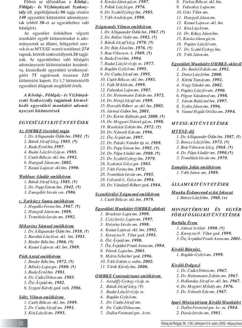 Az egyesülethez való hûségért adományozott kitüntetéseket leszámítva, kiemelkedõ egyesületi tevékenységéért 75 tagtársunk összesen 125 kitüntetést kapott.