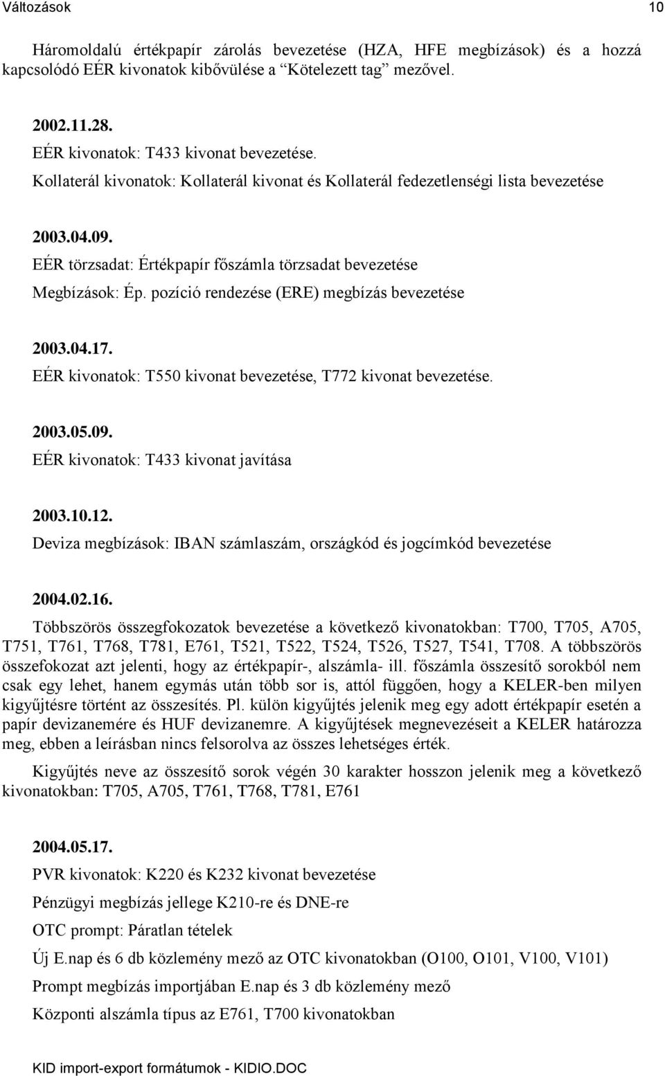 EÉR törzsadat: Értékpapír főszámla törzsadat bevezetése Megbízások: Ép. pozíció rendezése (ERE) megbízás bevezetése 2003.04.17. EÉR kivonatok: T550 kivonat bevezetése, T772 kivonat bevezetése. 2003.05.