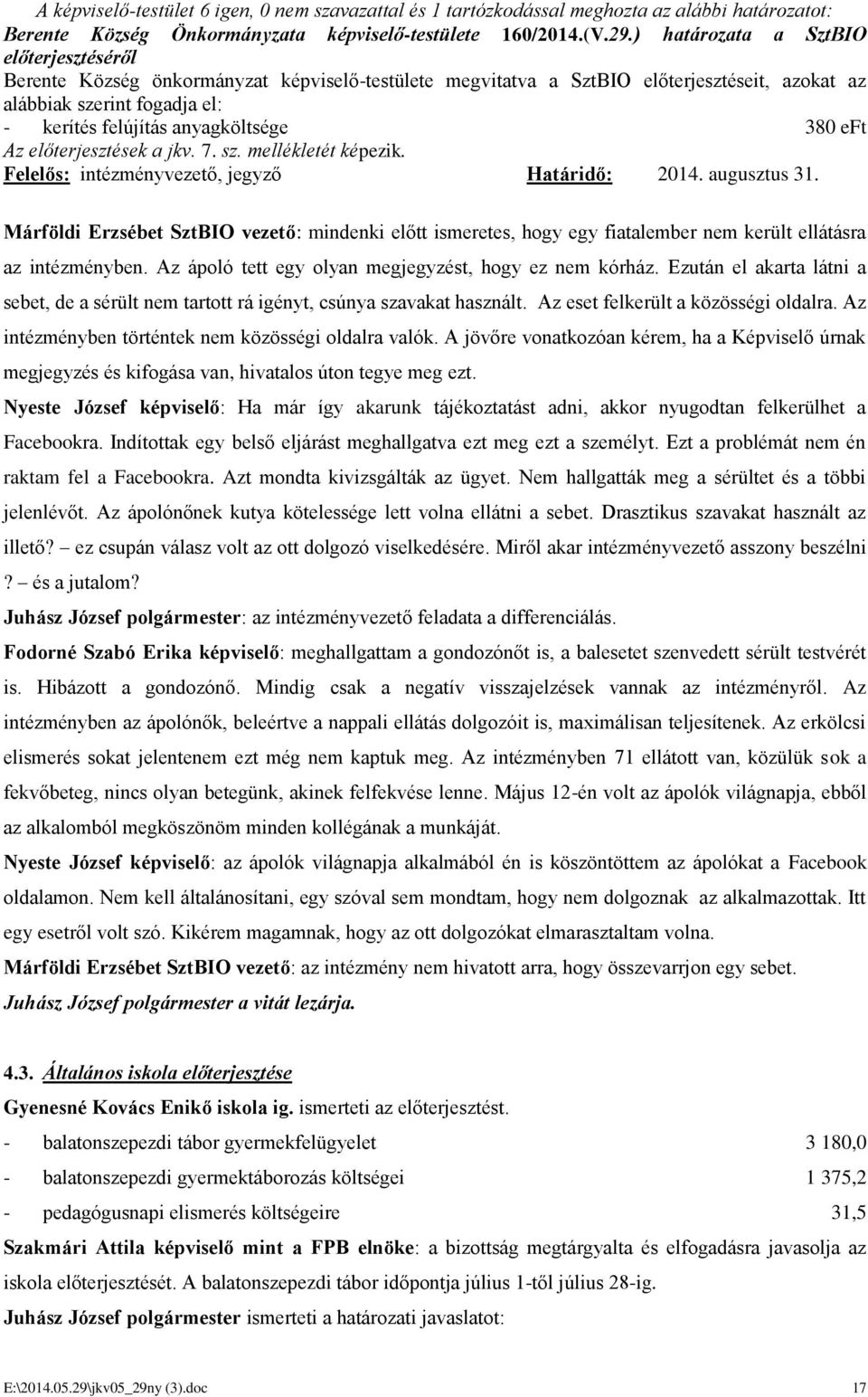 380 eft Az előterjesztések a jkv. 7. sz. mellékletét képezik. Felelős: intézményvezető, jegyző Határidő: 2014. augusztus 31.