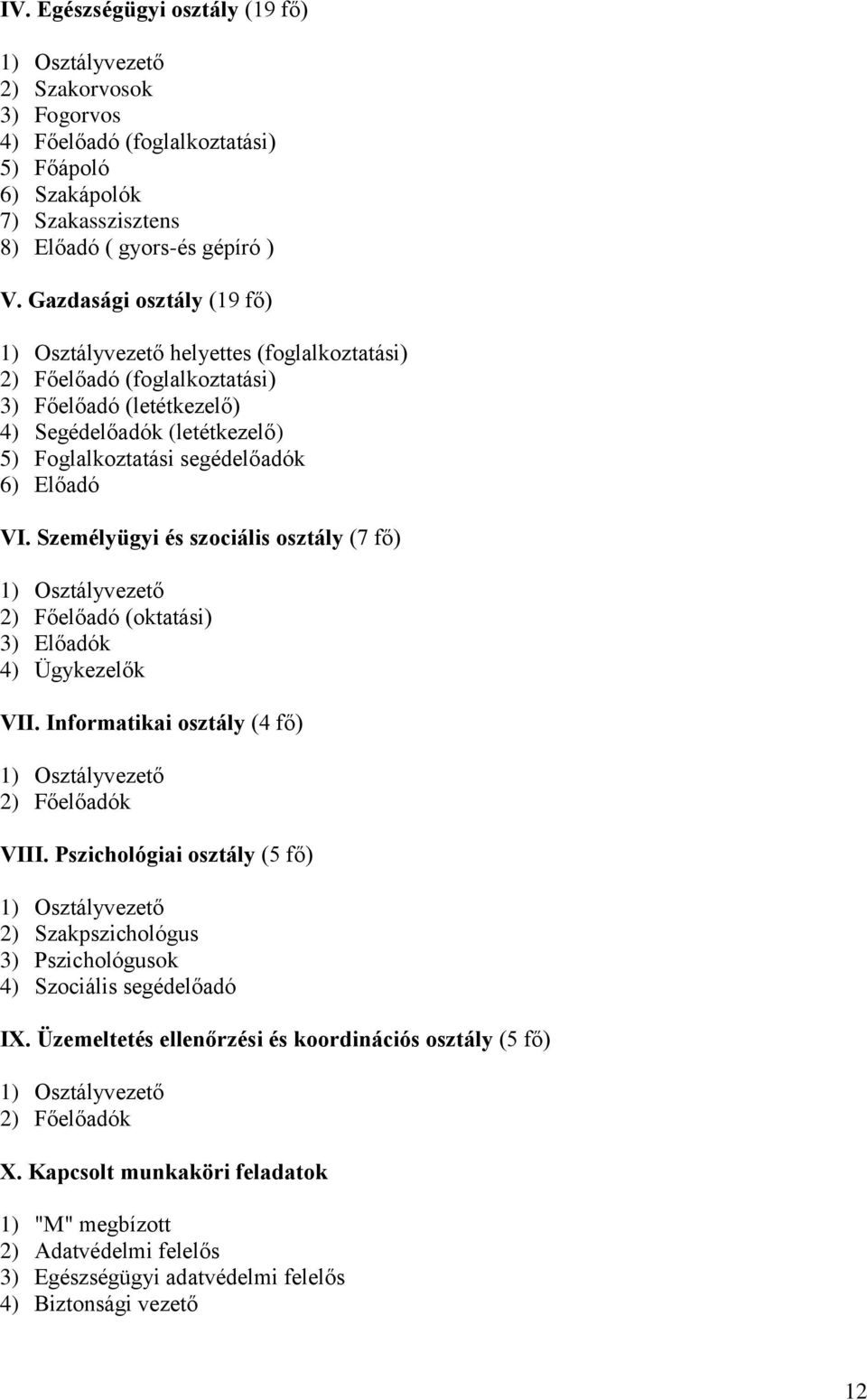 VI. Személyügyi és szociális osztály (7 fő) 1) Osztályvezető 2) Főelőadó (oktatási) 3) Előadók 4) Ügykezelők VII. Informatikai osztály (4 fő) 1) Osztályvezető 2) Főelőadók VIII.