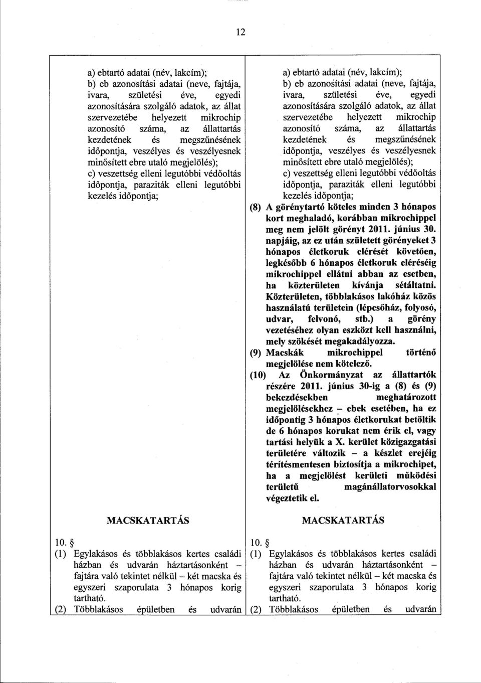 időpontja; MACSKATARTÁS 10. (l) Egylakásos és többlakásos kertes családi házban és udvarán háztartásonként - fajtára való tekintet nélkül - két macska és egyszeri szaporulata 3 hónapos korig tartható.