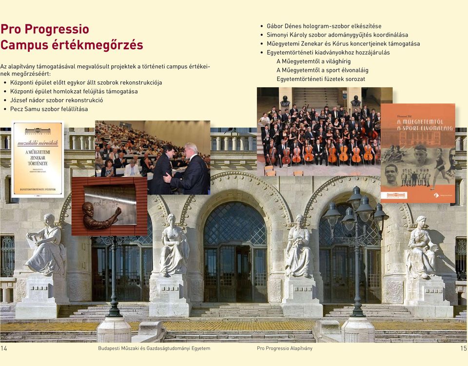 elkészítése Simonyi Károly szobor adománygyűjtés koordinálása Műegyetemi Zenekar és Kórus koncertjeinek támogatása Egyetemtörténeti kiadványokhoz hozzájárulás A