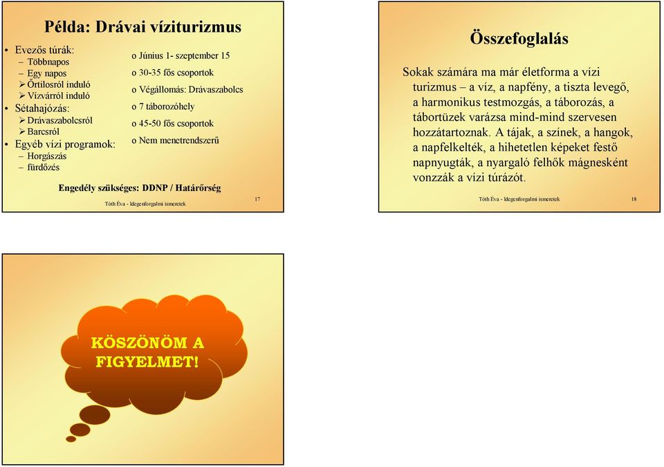 Összefoglalás Sokak számára ma már életforma a vízi turizmus a víz, a napfény, a tiszta levegő, a harmonikus testmozgás, a táborozás, a tábortüzek varázsa mind-mind szervesen