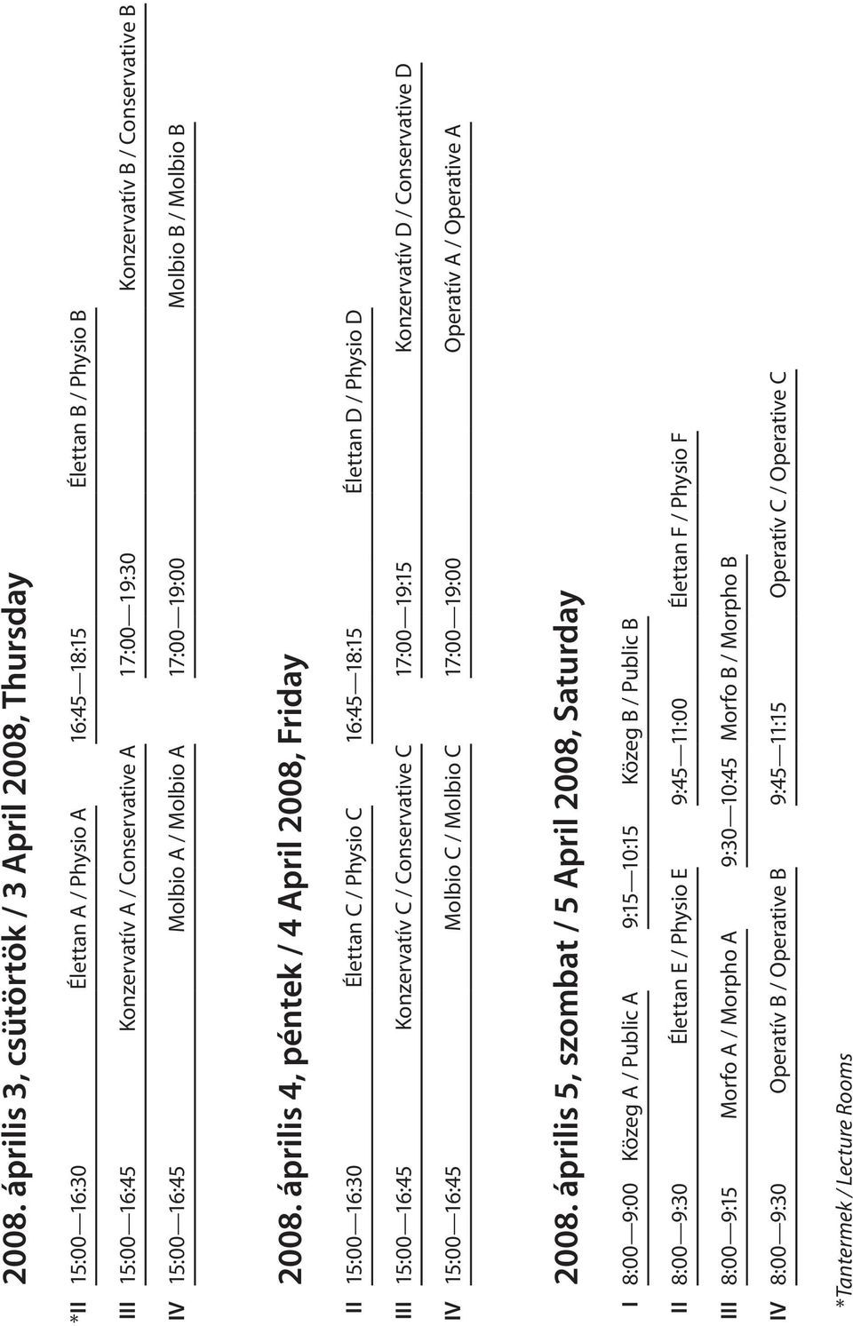 április 4, péntek / 4 April 2008, Friday II 15:00 16:30 Élettan C / Physio C 16:45 18:15 Élettan D / Physio D III 15:00 16:45 Konzervatív C / Conservative C 17:00 19:15 Konzervatív D / Conservative D