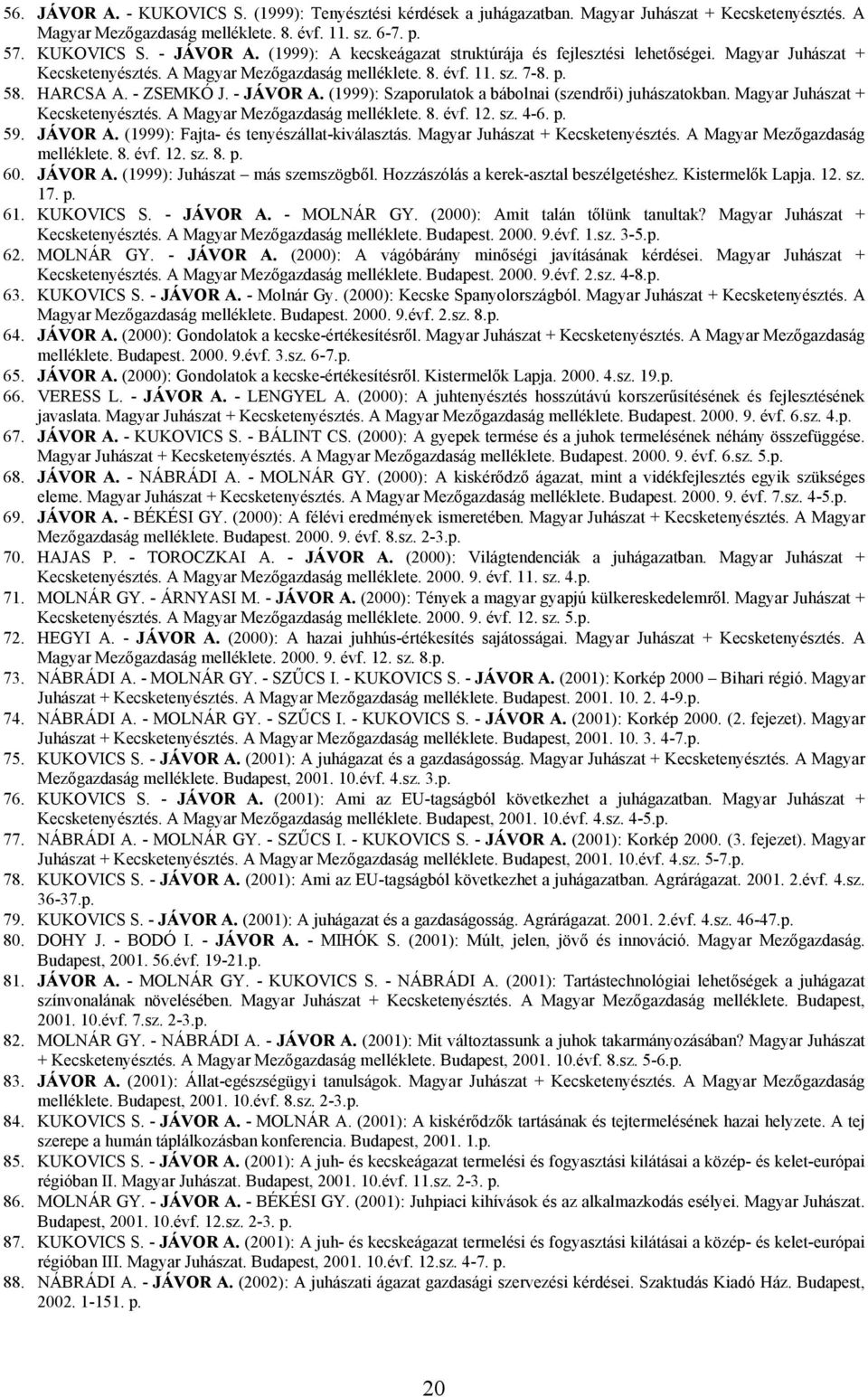 (1999): Szaporulatok a bábolnai (szendrői) juhászatokban. Magyar Juhászat + Kecsketenyésztés. A Magyar Mezőgazdaság melléklete. 8. évf. 12. sz. 4-6. p. 59. JÁVOR A.