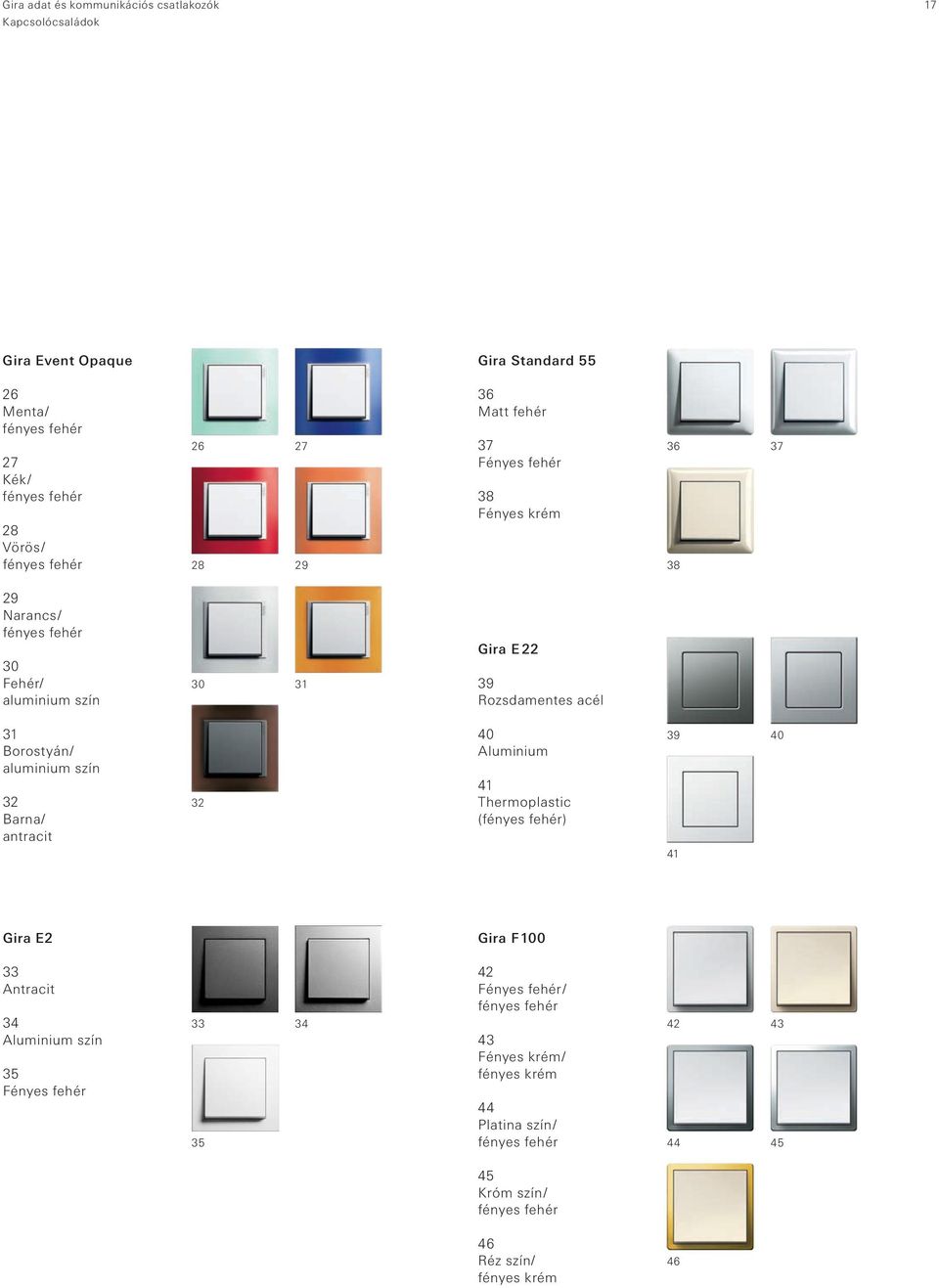 32 Barna/ antracit 32 40 Aluminium 41 Thermoplastic () 39 41 40 Gira E2 Gira F 100 33 Antracit 34 Aluminium szín 35 Fényes