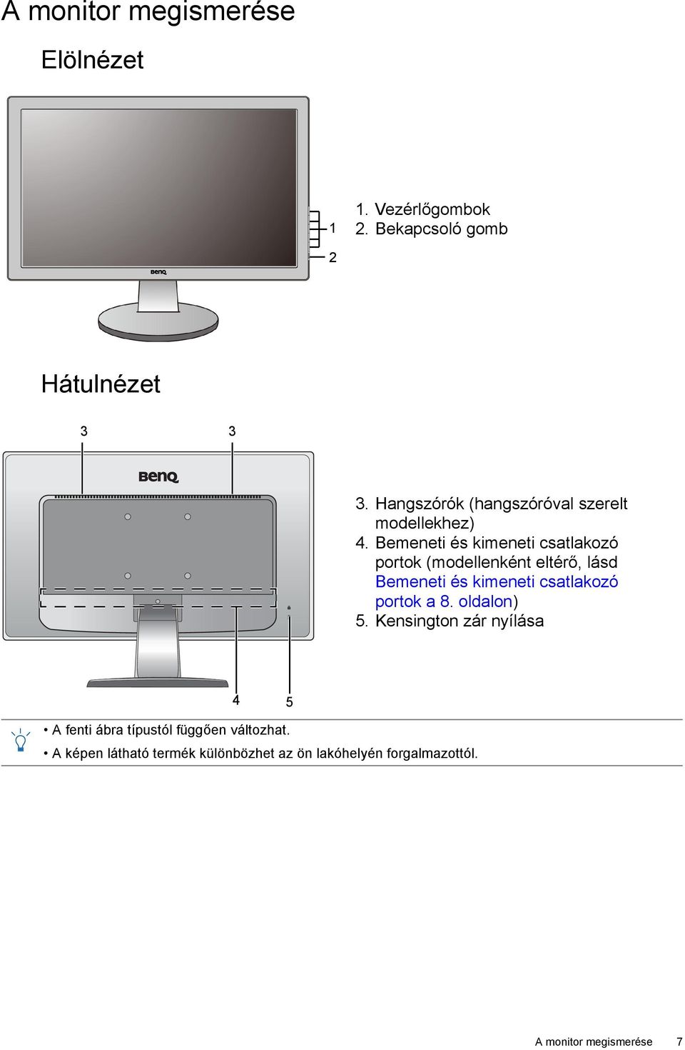 Bemeneti és kimeneti csatlakozó portok (modellenként eltérő, lásd Bemeneti és kimeneti csatlakozó portok