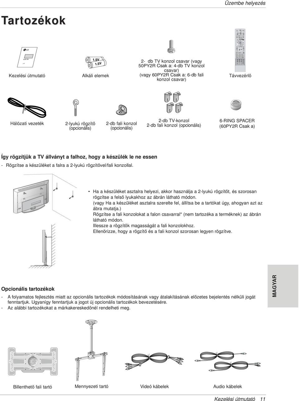 5V Alkáli elemek 2- db TV konzol csavar (vagy 50PY2R Csak a: 4-db TV konzol csavar) (vagy 60PY2R Csak a: 6-db fali konzol csavar) Távvezérl Hálózati vezeték 2-lyukú rögzít (opcionális) 2-db fali