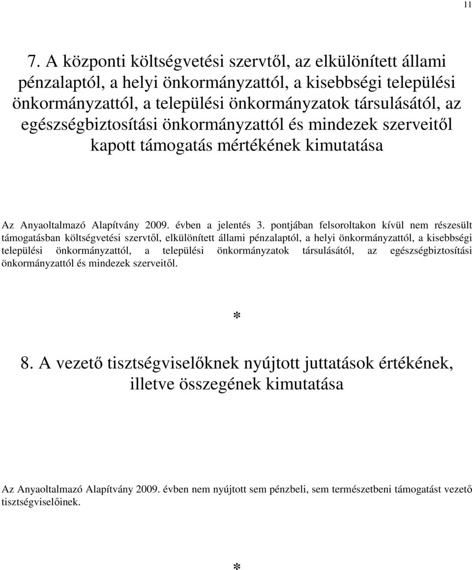 pontjában felsoroltakon kívül nem részesült támogatásban költségvetési szervtıl, elkülönített állami pénzalaptól, a helyi önkormányzattól, a kisebbségi települési önkormányzattól, a települési