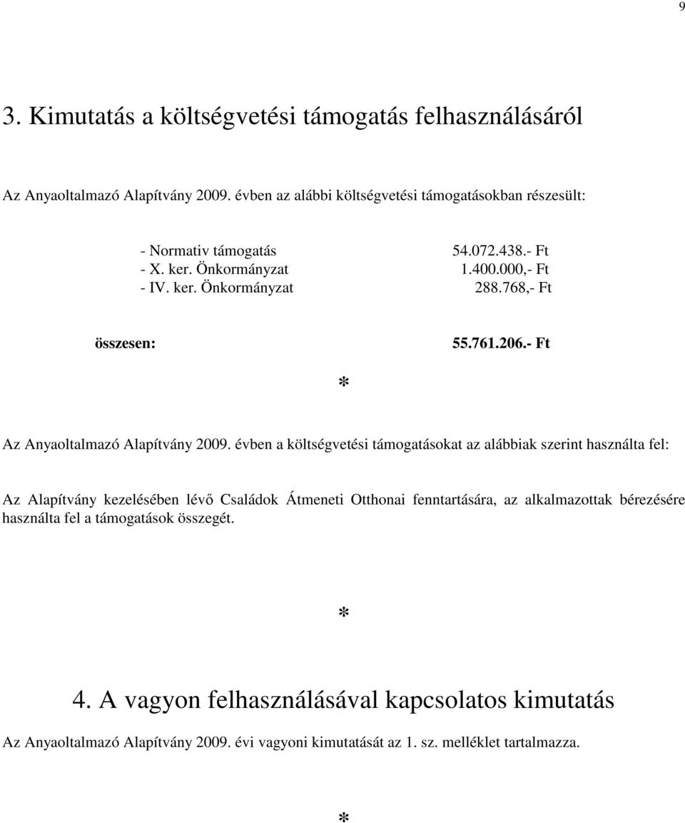 768,- összesen: 55.761.206.- Az Anyaoltalmazó Alapítvány 2009.