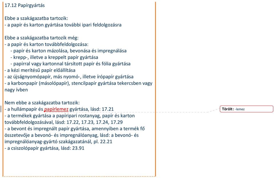 karbonpapír (másolópapír), stencilpapír gyártása tekercsben vagy nagy ívben a hullámpapír és papírlemez gyártása, lásd: 17.