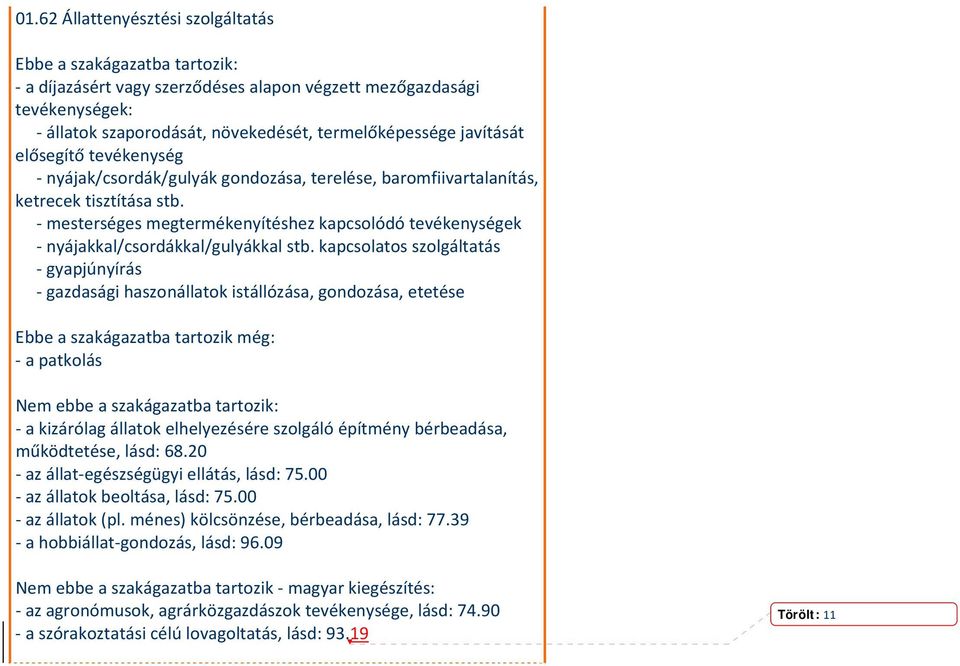 kapcsolatos szolgáltatás gyapjúnyírás gazdasági haszonállatok istállózása, gondozása, etetése Ebbe a szakágazatba tartozik még: a patkolás a kizárólag állatok elhelyezésére szolgáló építmény