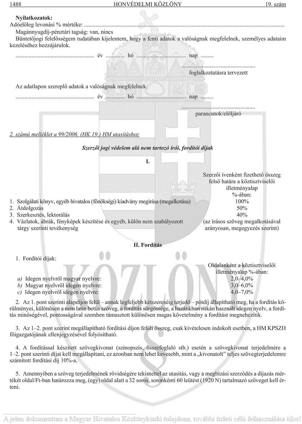 ..... foglalkoztatásra tervezett Az adatlapon szereplõ adatok a valóságnak megfelelnek.... év... hó... nap...... parancsnok/elöljáró 2. számú melléklet a 99/2006. (HK 19.